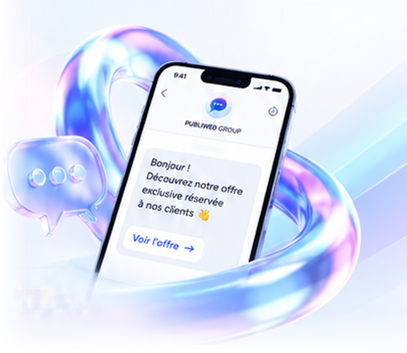 Application Publiweb Group affichant une campagne SMS sur un smartphone